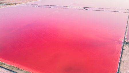 Aerial view of pink salt lake. Salt production plants evaporated brine pond in a salt lake. Salin de Giraud saltworks in the Camargue in Provence, South of Franceの写真素材