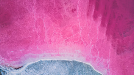 Aerial view of pink salt lake. Salt production plants evaporated brine pond in a salt lake. Salin de Giraud saltworks in the Camargue in Provence, South of Franceの写真素材