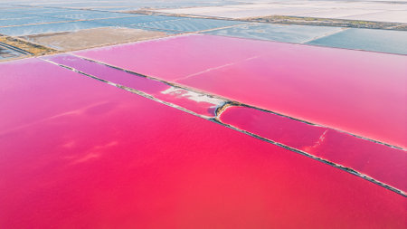 Aerial view of pink salt lake. Salt production plants evaporated brine pond in a salt lake. Salin de Giraud saltworks in the Camargue in Provence, South of Franceの写真素材