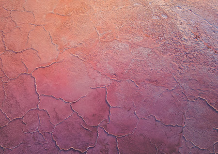 A close-up of a cracked pink salt lake at sunset creating abstract patterns. Salt production plants...