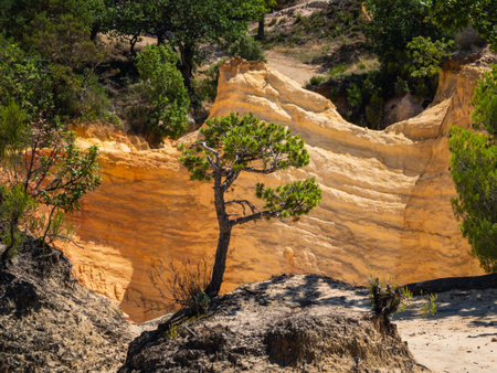 Colorful rock formations from ocher in the Colorado Provencal, Provence, Franceの写真素材