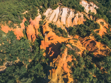 Panoramic view from above on Abstract Rustrel canyon ocher cliffs landscape. Provencal Colorado, Vaucluse, Rustrel, Colorado Provencal, Franceの写真素材