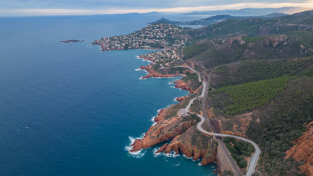 Aerial view of the road to the sea. Costa Paradiso, Sardiniaの写真素材