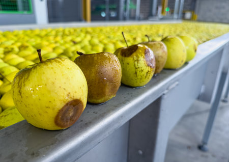 Apples on conveyor belt in a fruit processing plantの写真素材