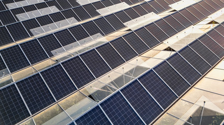Sustainable greenhouse with rooftop solar panels bathed in morning sunlight for eco-friendly...