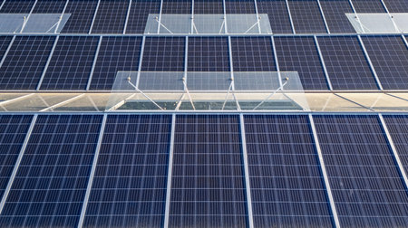 Sustainable greenhouse with rooftop solar panels bathed in morning sunlight for eco-friendly vegetable farming and renewable energy generation in a dual-use agricultural system.の写真素材