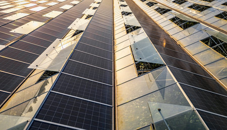 Sustainable greenhouse with rooftop solar panels bathed in morning sunlight for eco-friendly vegetable farming and renewable energy generation in a dual-use agricultural system.の写真素材