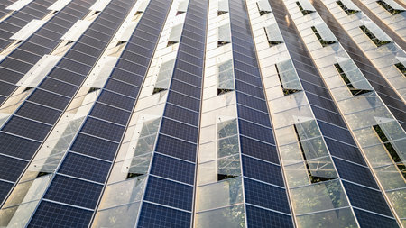 Sustainable greenhouse with rooftop solar panels bathed in morning sunlight for eco-friendly...