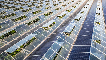 Sustainable greenhouse with rooftop solar panels bathed in morning sunlight for eco-friendly vegetable farming and renewable energy generation in a dual-use agricultural system.の写真素材