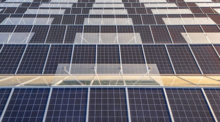 Sustainable greenhouse with rooftop solar panels bathed in morning sunlight for eco-friendly vegetable farming and renewable energy generation in a dual-use agricultural system.の写真素材