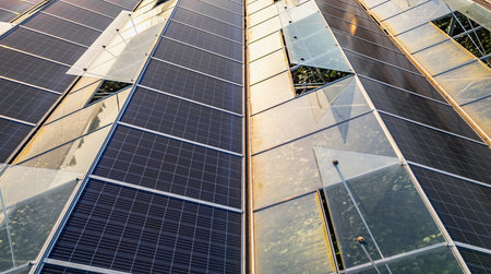 Sustainable greenhouse with rooftop solar panels bathed in morning sunlight for eco-friendly vegetable farming and renewable energy generation in a dual-use agricultural system.の写真素材
