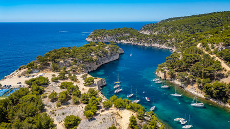 Stunning Aerial Shot of Calanque de Port Miou Marina near Cassis, France â A Serene Escape on the Mediterranean Coastの写真素材
