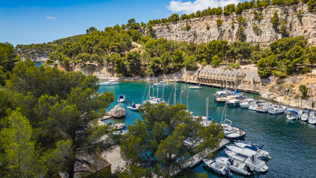 Aerial View of the Picturesque Calanque de Port-Miou Marina near Cassis, France â€“ A Hidden...