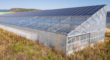 Aerial view of modern solar greenhouses with photovoltaic panels on roofs, renewable energy and...
