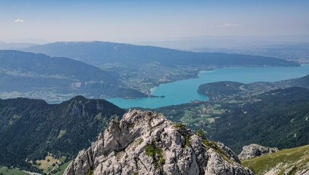Aerial view of La Tournette cliff, Lake Annecy and French Alps, panoramic mountain and lake landscape in summer travel destination.の写真素材