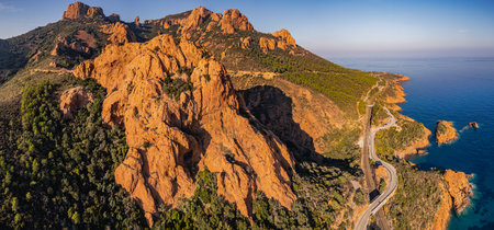 Panoramic aerial view of the Esterel red cliffs above the Mediterranean Sea, French Riviera, southern Franceの写真素材