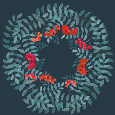 round pattern of rowan leaves and berries on a dark background watercolor