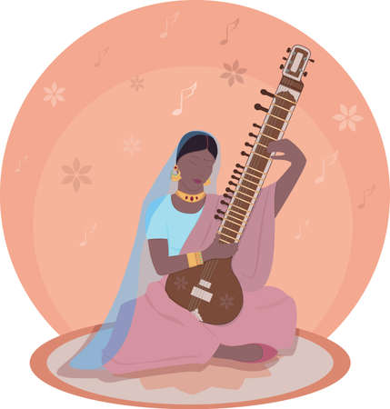 beautiful girl playing sitar indiaのイラスト素材