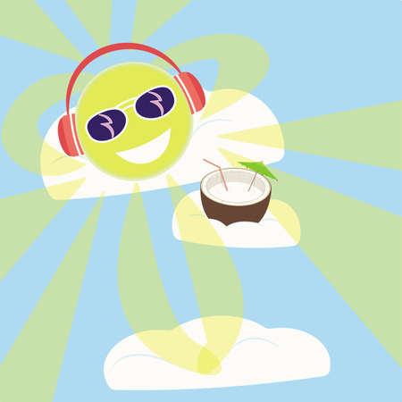 the sun in sunglasses and headphones on a cloud listens to music and drinks a cocktailのイラスト素材