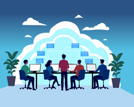 A team of professionals collaborating in a modern office setup, working on cloud-based technology. The digital cloud represents online data storage, sharing, and connectivityのイラスト素材