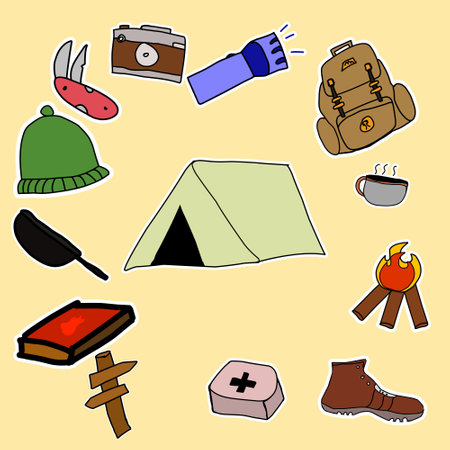 Vector illustration of a set of camping items in doodle styleのイラスト素材
