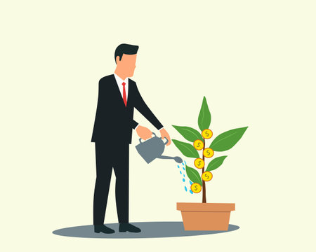 Businessman watering money tree. Vector illustration in flat design style.のイラスト素材