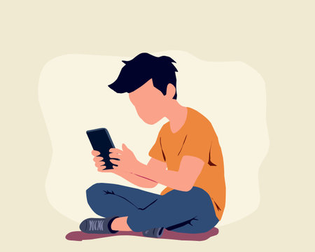Young man sitting and using smartphone. Vector illustration in flat style.のイラスト素材