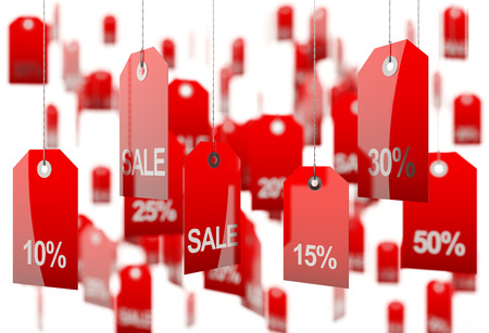 Sale concept, formed of red tags; great for shopping, sales, advertising, discounts and promotion の写真素材