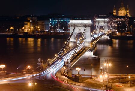 Budapest Szechenyi Chain Bridge at night. Panoramic view on the bridge from Buda hill. The 2019 year.の写真素材