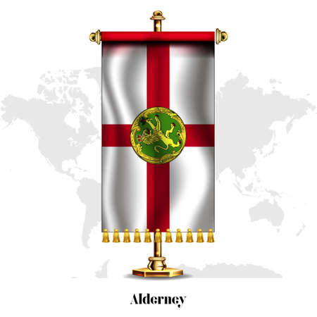 Alderney National realistic flag with Stand. Greeting card National Independence Day poster design of the Albania.のイラスト素材