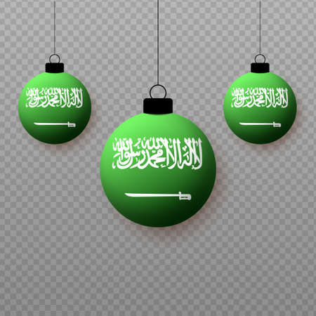 Realistic Saudi Arabia Flag with flying light balloons. Decorative elements for national holidays.のイラスト素材