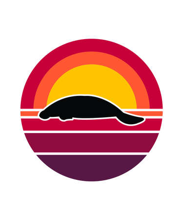 Manatee Retro Sunset Design template. Vector design template for logo, badges, t-shirt, POD and book cover. Isolated white background.のイラスト素材