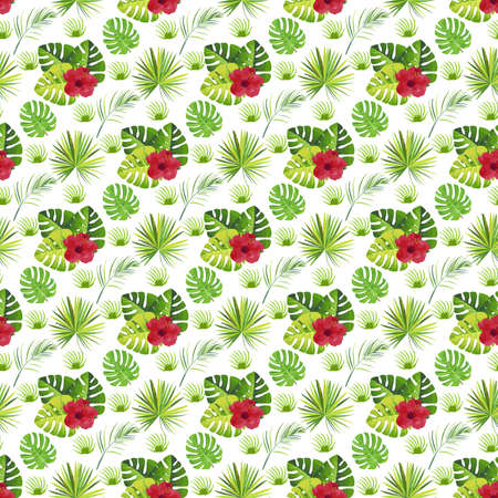 tropical leaf alblscus monstera and palm coconut palm white background Seamless Pattern Designのイラスト素材