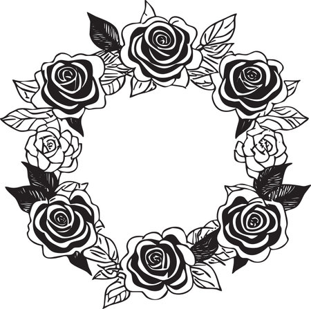 Illustration of floral frame with roses in black and white. Copy space.のイラスト素材