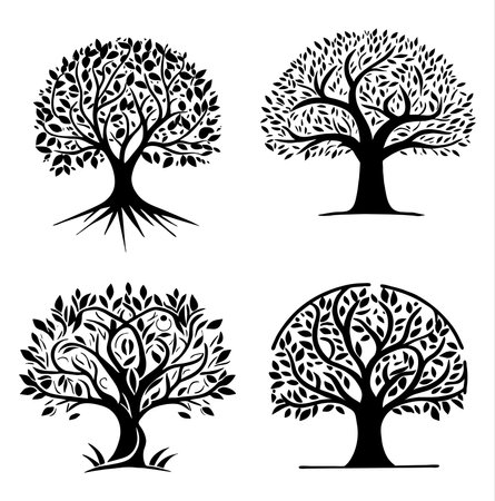 Set of hand drawn olive tree silhouettes isolated on white background.のイラスト素材