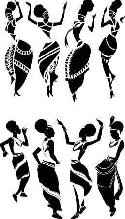 African women in traditional costume. Black and white vector illustration set.のイラスト素材