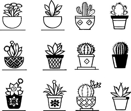 Cactuses and succulents in pots icon set. Vector illustrationのイラスト素材