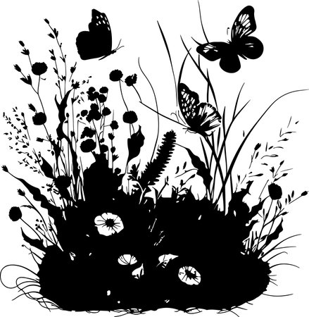 Vector illustration of grass with flowers and butterflies in black and white colorsのイラスト素材
