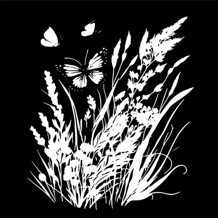 Grass, flowers and butterflies. Black and white vector illustration.のイラスト素材