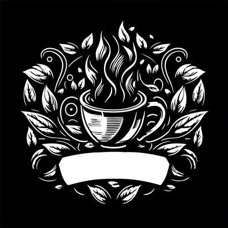 Cup of tea with floral ornament on black background. Vector illustration.のイラスト素材