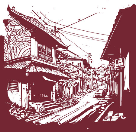 illustration of a street in the old town in Vietnam in black and whiteのイラスト素材