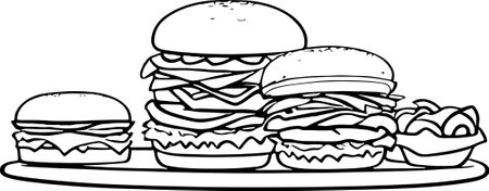 Black and White Cartoon Illustration of Fast Food Hamburger or Cheeseburger for Coloring Bookのイラスト素材