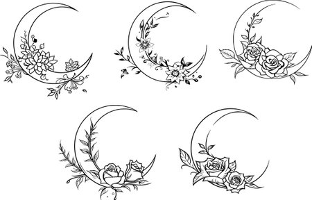 Crescent, moon, rose, flower, leaves, black and white illustrationのイラスト素材