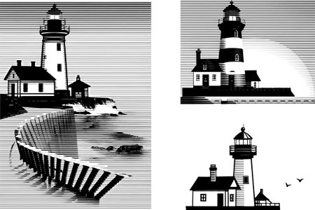 Lighthouse on the background of the sea. Black and white illustrationのイラスト素材