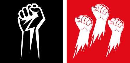 Hand with clenched fist on white and red background. Vector illustration.のイラスト素材