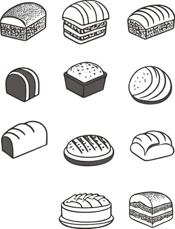 Bread icons set, black and white version, vector illustration.のイラスト素材