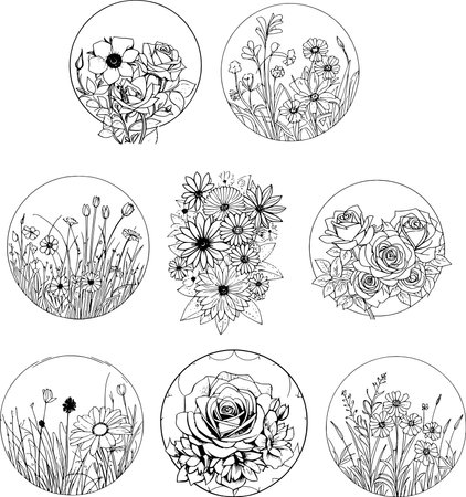 Set of round elements with flowers and plants. Black and white illustration.のイラスト素材