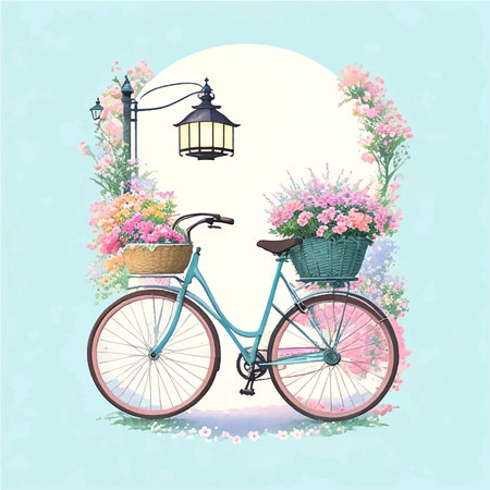 Bicycle with basket of flowers. Vector illustration. Vintage style.のイラスト素材