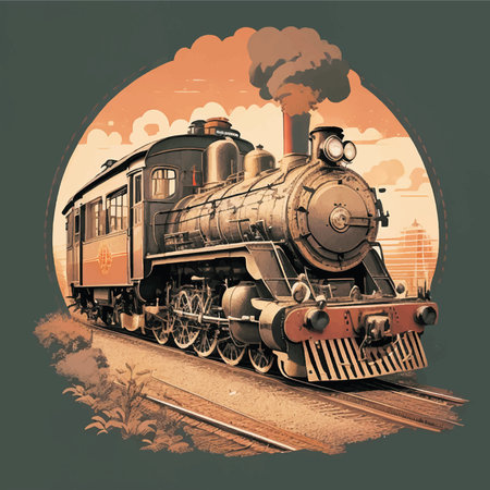 Vintage steam locomotive on the tracks. Retro style illustration.のイラスト素材