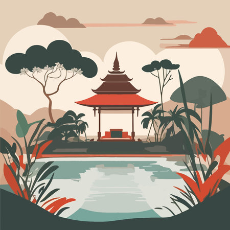 Landscape with pagoda on the lake. Vector illustration in flat styleのイラスト素材